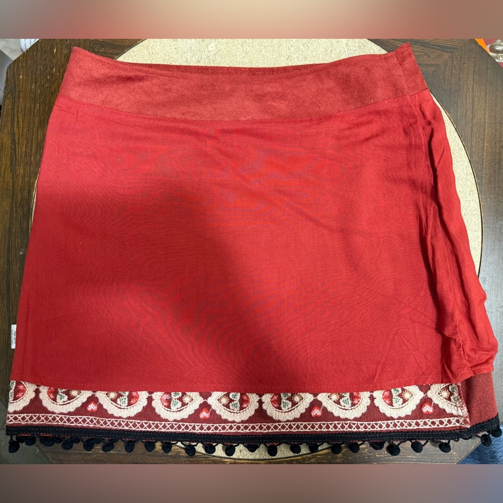Altar'd State Red Mini Skirt with Embroidered Birds and Flowers - Picture 5 of 7